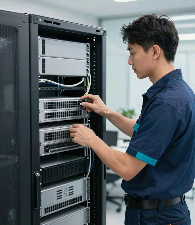 A certified technician in a neat uniform working on a structured server rack, bright cool-toned office lighting, clean cable management, shallow depth of field, 50mm