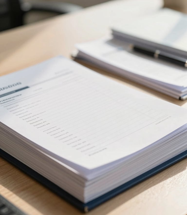 A professional, close-up environmental shot of a neat desk in a sunlit Bengaluru office. Neatly organized tax ledgers and corporate documents lie under soft, warm natural daylight. Shallow depth of field, 35mm editorial photography.