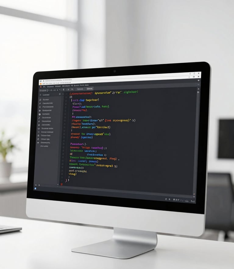 High-resolution code interface on a clean vertical monitor, bright natural daylight, minimalist white office setting, sharp focus, professional tech photography