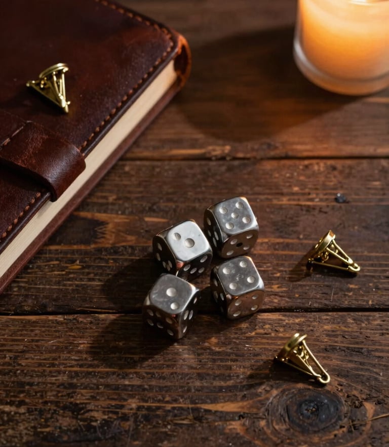 Overhead flat lay of heavy metal tabletop dice, a leather-bound journal, and brass lapel pins resting on a dark rustic oak table, warm candlelight casting long shadows