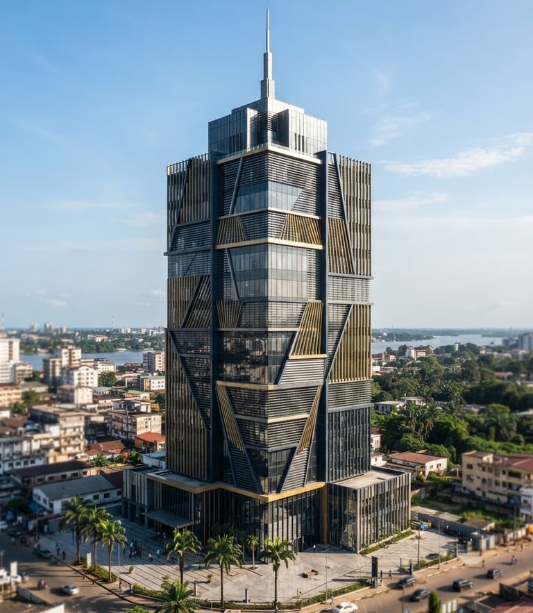 Bright sunlight illuminating a modern corporate office tower in Douala, architectural shadows, sharp focus, 35mm lens