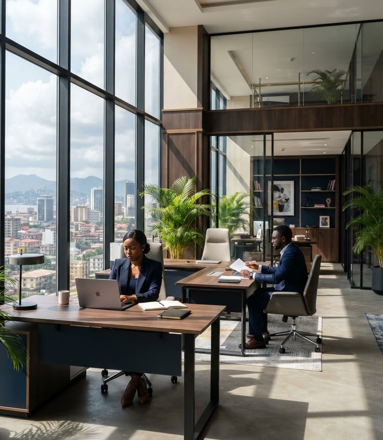 An elegant, bright corporate office interior in Douala, natural light streaming through high windows, architectural shadows, professional atmosphere.