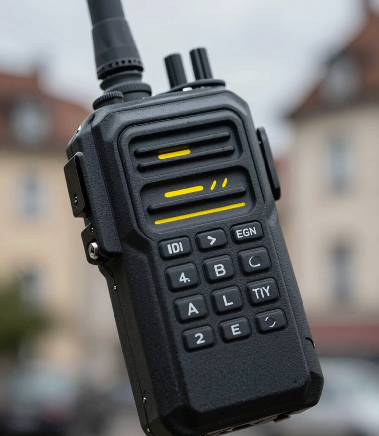 Extreme close-up of a hardened tactical communication transceiver node, matte black metal casing with signal yellow accents, cold overcast European daylight, sharp rim lighting, technical focus.