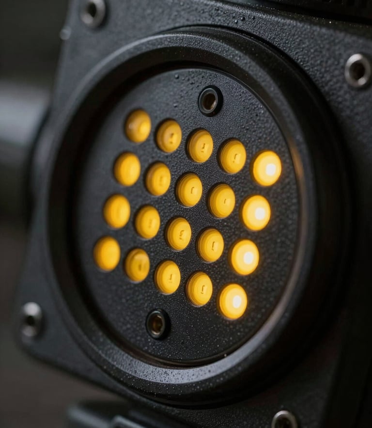 Extreme close-up of a tactile military hardware interface, low-key studio lighting with sharp rim lights, signal yellow status indicators on matte black casing.