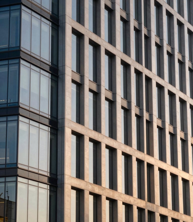 Elegant modern corporate building facade made of glass and steel, soft natural daylight of late afternoon, warm champagne tones, architectural composition, 35mm lens