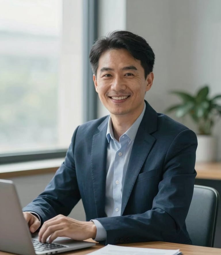 A professional, approachable regional insurance advisor sitting at a wooden desk in a bright, natural office setting, soft window light, muted blue and slate tones, shallow depth of field, looking towards the camera with a warm, genuine expression.