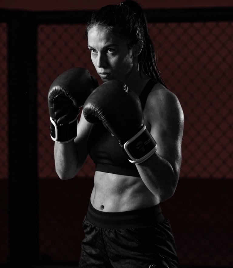 Black and white portrait of a female fighter in a dark gym, harsh side light, chain-link background, dramatic low-key lighting, 35mm lens