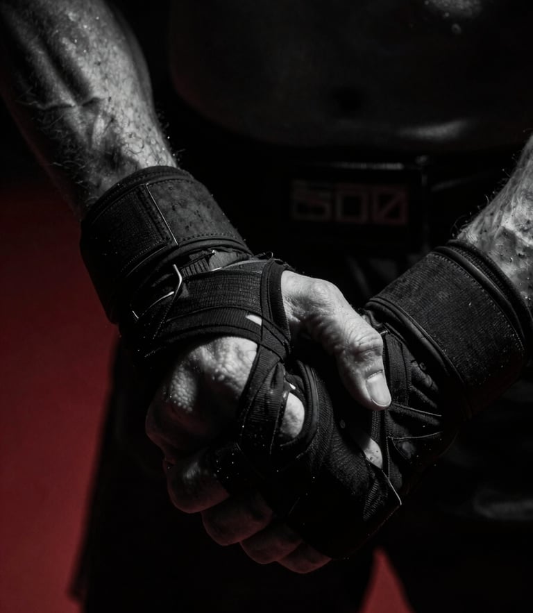 Black and white dramatic close-up of a fighter's wrapped hands, high-contrast low-key lighting, deep shadows, 35mm lens