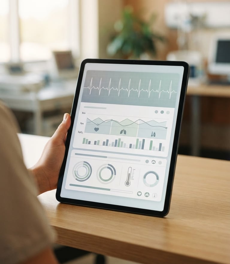 Close-up of a modern tablet displaying a clean medical dashboard, soft natural daylight, gentle muted tones, shallow depth of field, 35mm