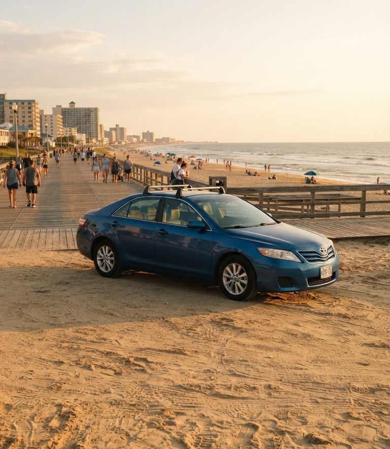 Bright coastal photography of a family sedan parked near the Virginia Beach boardwalk, soft golden-hour daylight, warm sand tones.
