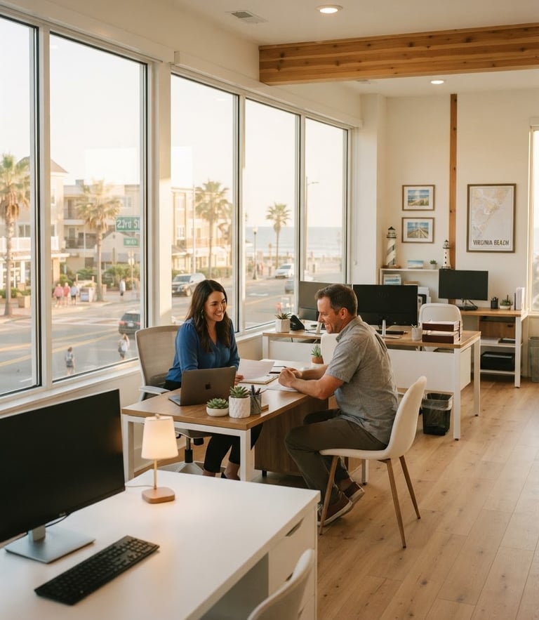 Bright coastal photography of a professional insurance office interior on 23rd Street in Virginia Beach, soft golden-hour daylight streaming through wide windows, clean desks, 35mm lens
