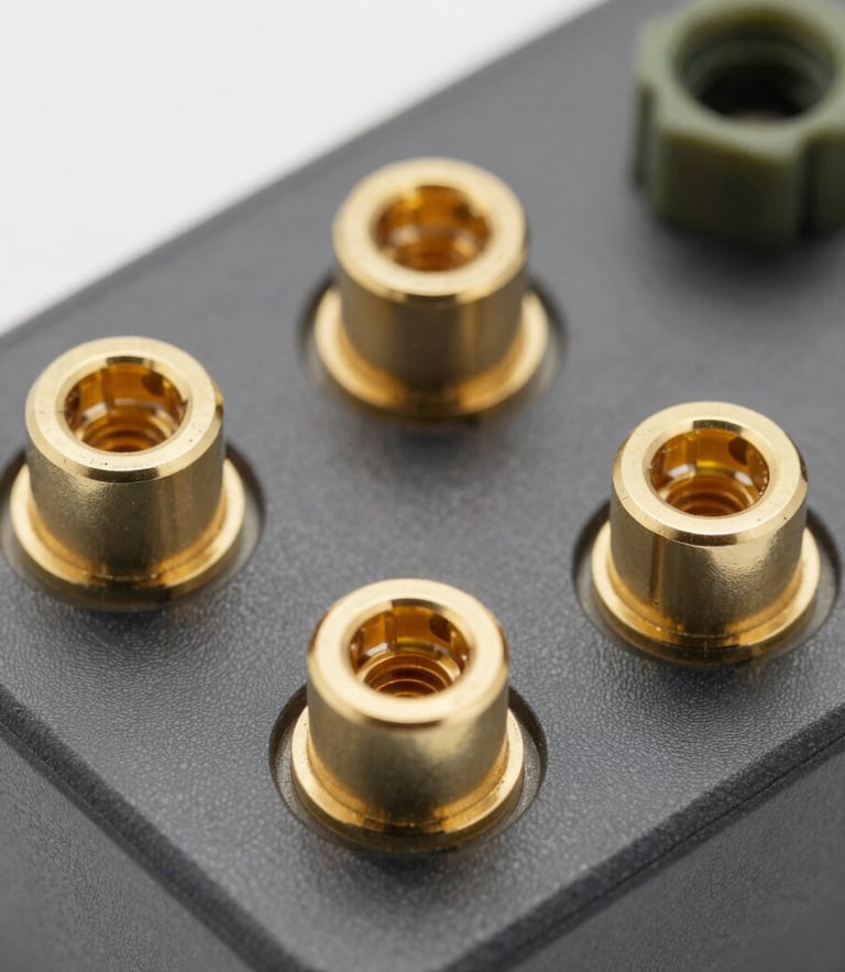 Macro close-up of gold-plated terminal probes and heavy-duty connection sockets on a dark gray instrument panel, crisp technical studio lighting, sharp focus