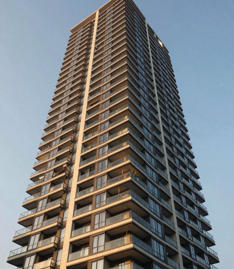 Low-angle architectural photography of a modern Mumbai residential high-rise with glass balconies reflecting golden-hour sunlight against a clear sky