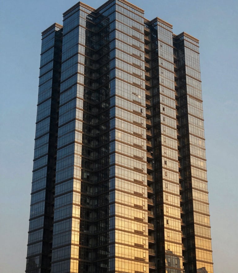 Architectural exterior of a modern Mumbai high-rise apartment building, warm golden-hour sunlight reflecting off the glass facade, sharp focus, 35mm lens