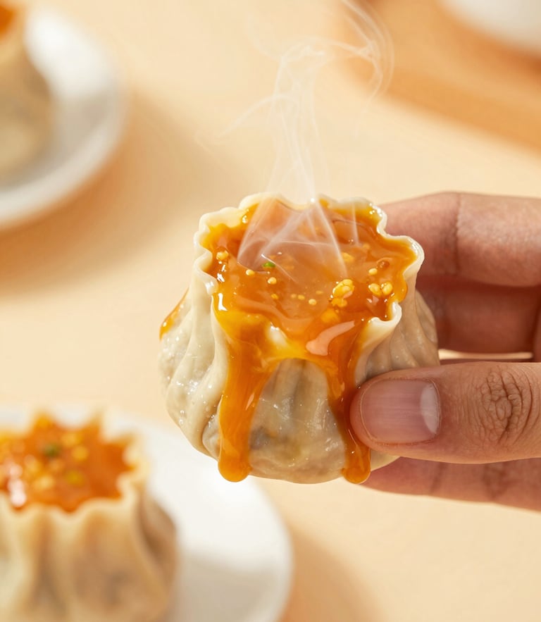 Macro kitchen shot of a hand lifting a single dimsum piece covered in thick, melting orange mentai sauce, steam rising, warm kitchen background