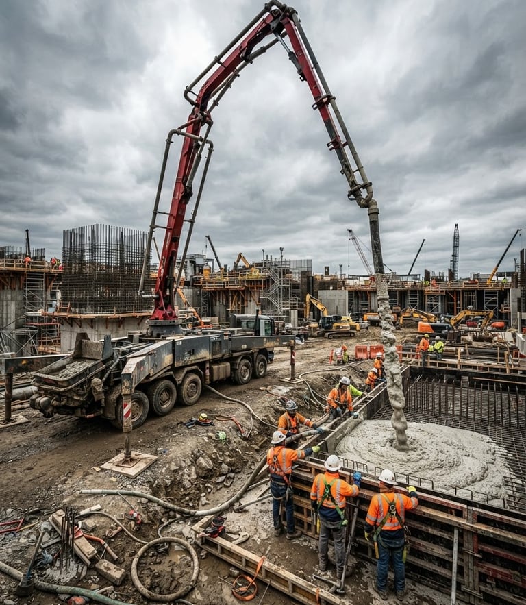 Low-angle heroic shot of a heavy-duty concrete pumping rig discharging cellular foam concrete on a massive industrial construction site, workers in high-vis gear, high-contrast overcast daylight, industrial construction photography.