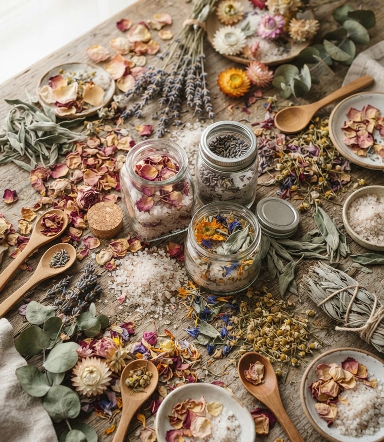 Overhead flat-lay of dried flower petals, small glass jars with preservation salt, soft morning daylight, organic sage and oatmeal tones