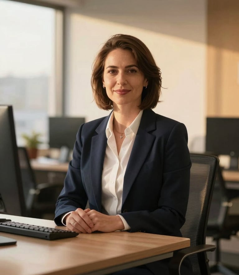 A professional editorial portrait of a community business owner in a warm, sunlit modern office space, golden hour light, navy accents, sharp focus.