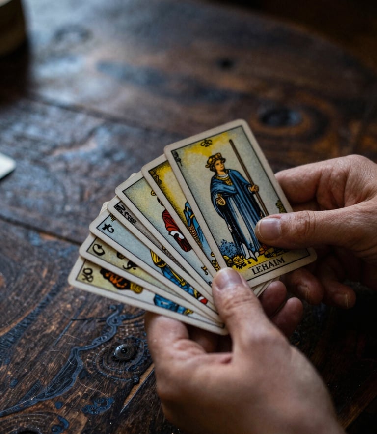 A close-up of hands holding the Lehaim tarot cards on an antique dark wooden table, soft dramatic golden hour light, moody editorial photography, 35mm