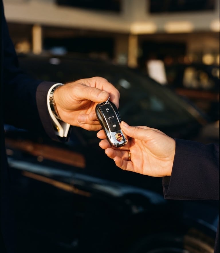 Close-up of a luxury car key being handed over, golden hour reflection on polished metal, professional interaction, 35mm
