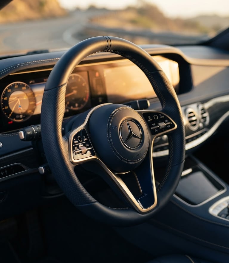 Premium luxury car interior close-up, steering wheel with leather details, golden hour light reflecting on dashboard, sharp focus, 35mm