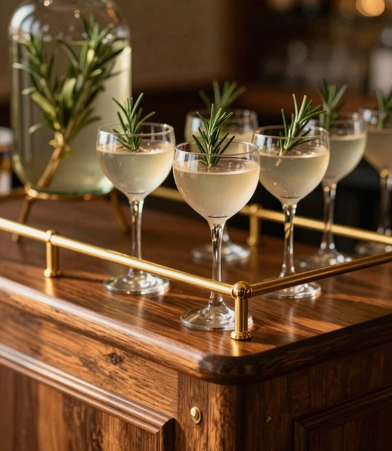 Close-up of a bespoke wooden beverage bar with gold accents, warm natural light illuminating cocktail glasses and fresh rosemary garnishes, editorial style