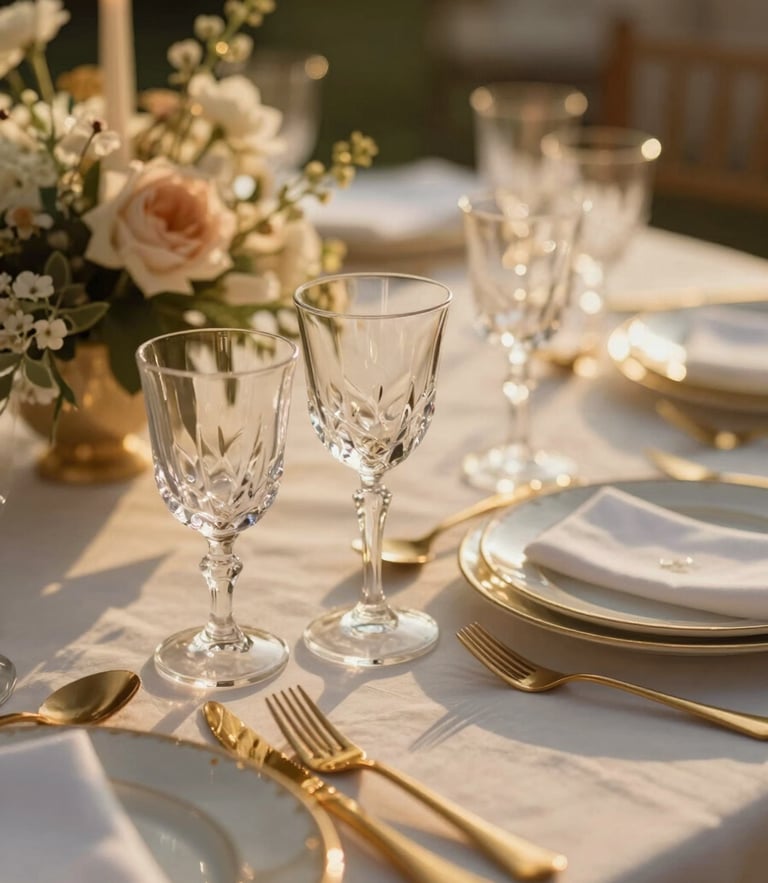 Close-up of a luxury wedding table setting, warm golden-hour light catching crystal glassware and gold cutlery, delicate floral arrangements in the background, shallow depth of field, 35mm photography