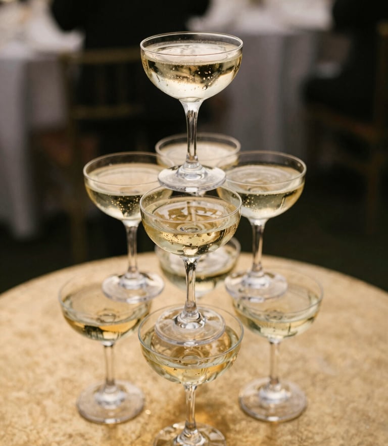 Close-up of a beautifully styled champagne tower on a metallic gold table, warm golden-hour lighting, shallow depth of field, premium editorial event setup, 35mm