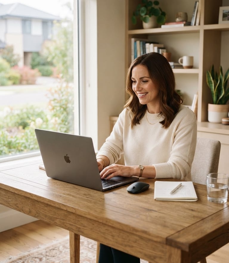 A professional woman in a bright modern home office, looking confidently at a laptop screen, soft natural daylight, warm neutral tones, 35mm photography