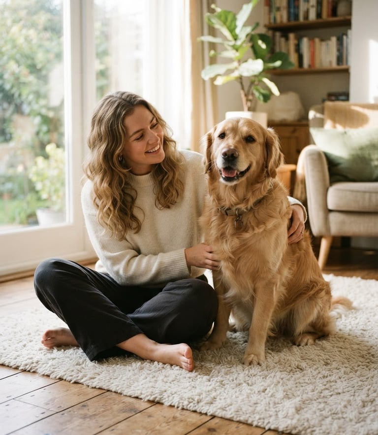 A warm domestic scene of a happy golden retriever sitting calmly next to its owner on a soft rug, warm morning light filtering through a window, authentic lifestyle photography.