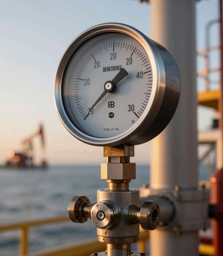 Close-up of a high-precision digital flow meter on an offshore oil platform, technical gauge showing pressure readings, sharp industrial lighting, golden hour sky in background.