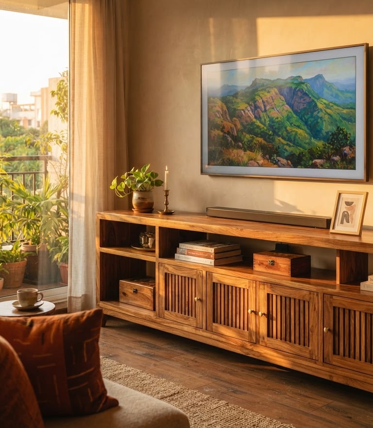 Warm residential interior in Bangalore, a custom teak wood TV unit with elegant joinery, soft golden-hour window light casting long shadows, detailed grain