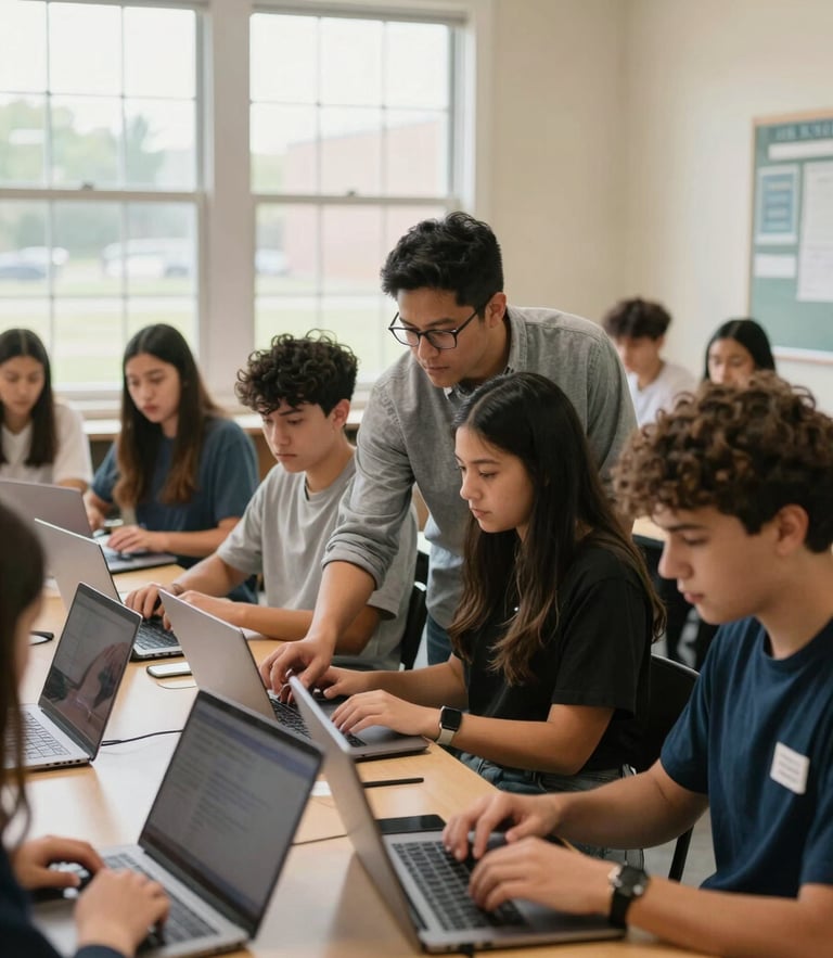 A warm, bright classroom in Fort Wayne, Indiana, where a local technology educator is guiding a diverse group of high school students collaborating over laptops, natural Midwestern daylight streaming through large windows.
