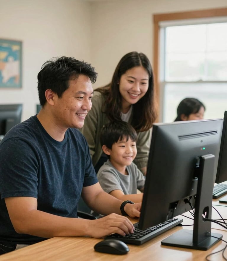 A medium shot of a friendly technology professional and a local family in Fort Wayne, Indiana, smiling together as they set up a refurbished desktop computer in a bright, sunlit community room, warm editorial style.