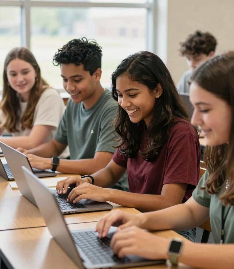 A group of diverse high school students in Fort Wayne collaborating over laptops in a brightly lit, warm classroom, natural Midwestern daylight, smiling, engaged.
