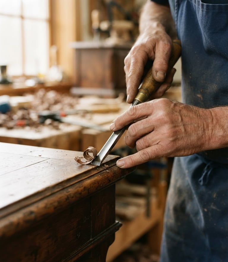 Macro close-up of a craftsman's hands using a traditional chisel on an antique walnut table edge, warm workshop window light, shallow depth of field