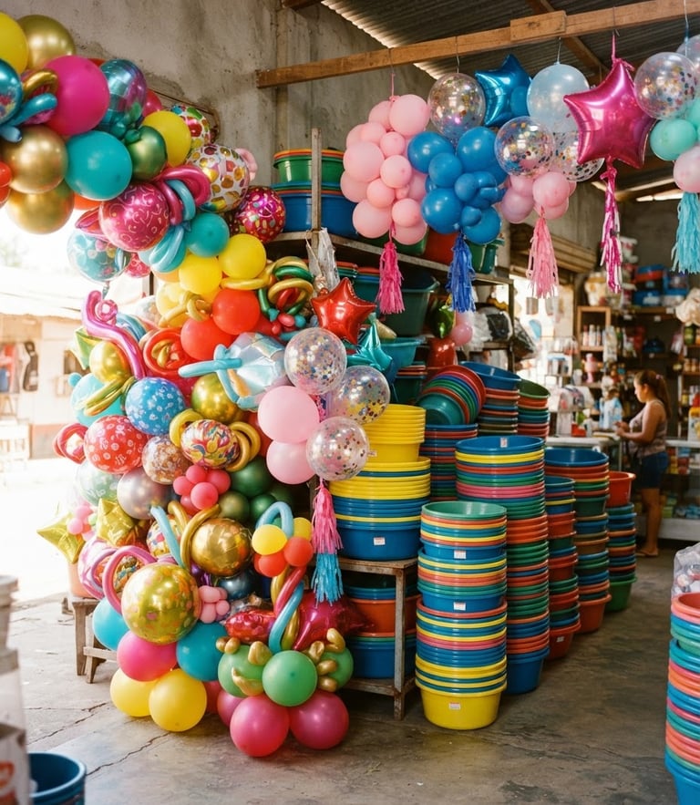 Bright warm photography of colorful balloon arrangements and wholesale plastic basins stacked neatly in a sunny Nicaraguan store, natural daylight, 35mm