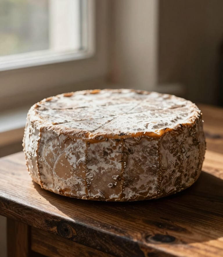 Macro shot of an aged cheese wheel with a textured rustic rind on a dark oak shelf, warm side window light, deep shadows, 35mm