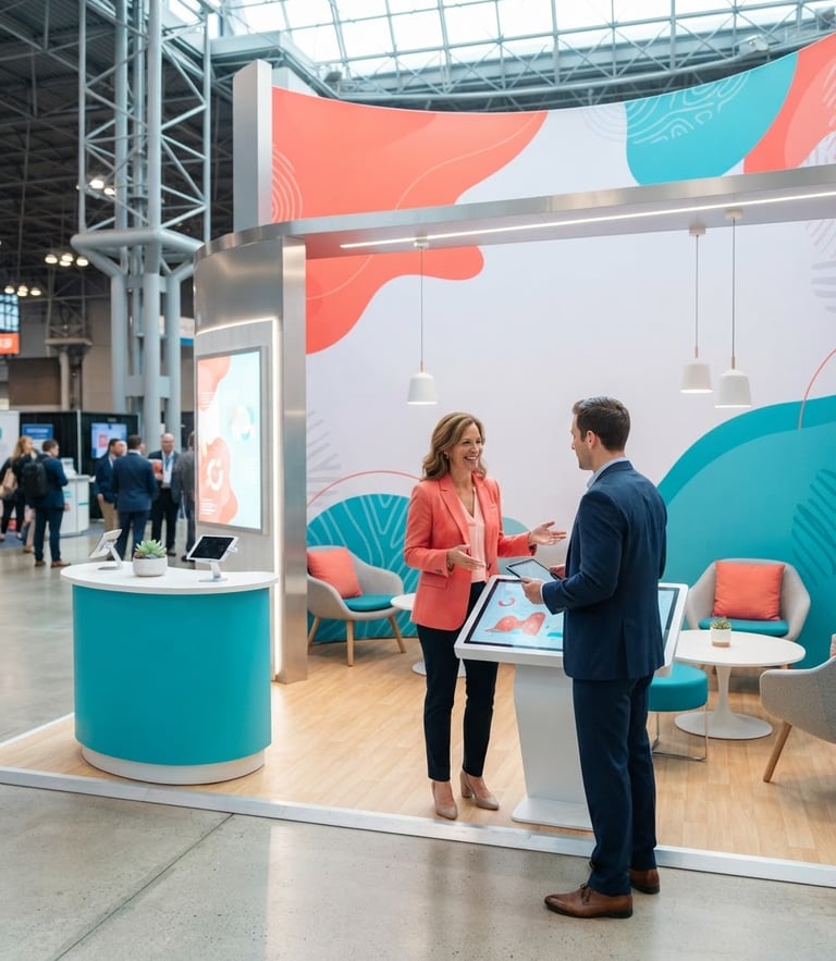 Bright editorial photography of a clean corporate exhibition stand at a premium convention hall, vibrant coral and turquoise accents, sharp focus, daylight.