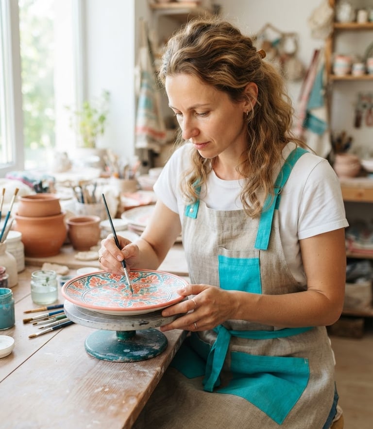 A focused woman in her thirties carefully painting a ceramic plate in a bright, daylight-filled workshop, vibrant turquoise accents in her apron.