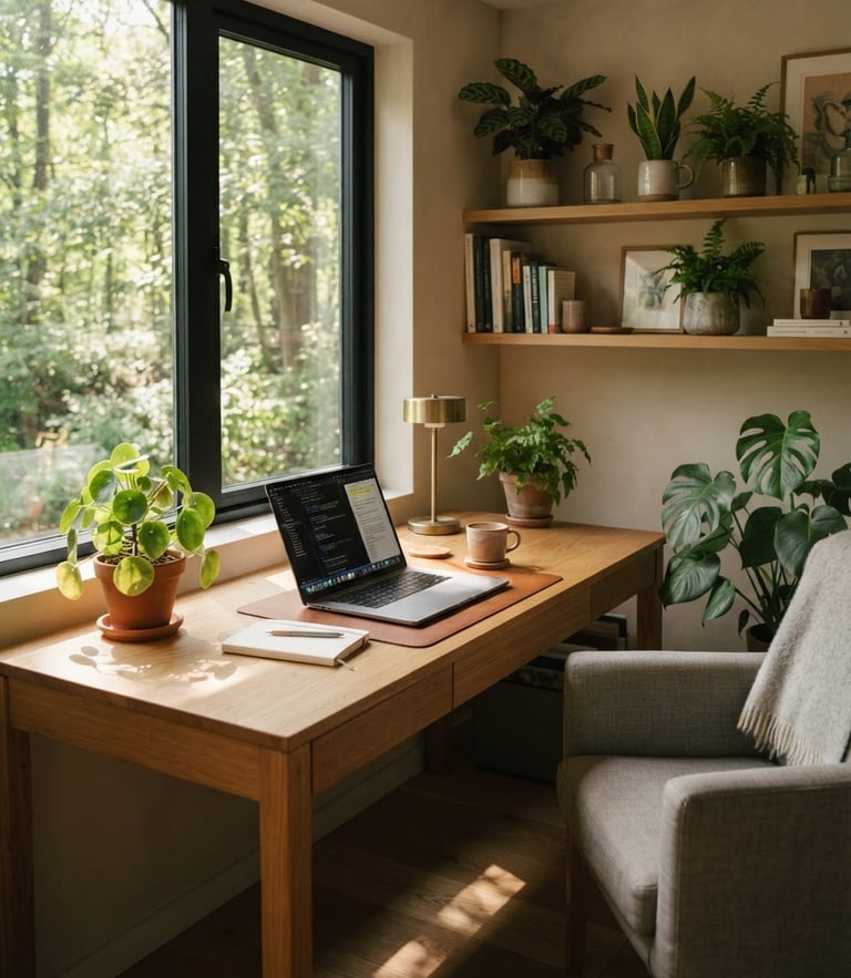 A serene, sunlit modern interior workspace with potted plants and wooden elements, soft dappled forest light filtering through leaves, warm editorial photography, 35mm