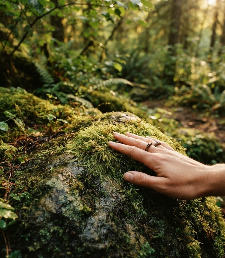 Close-up of human hand gently brushing against soft green moss on a damp forest stone, warm golden light filtering through leaves