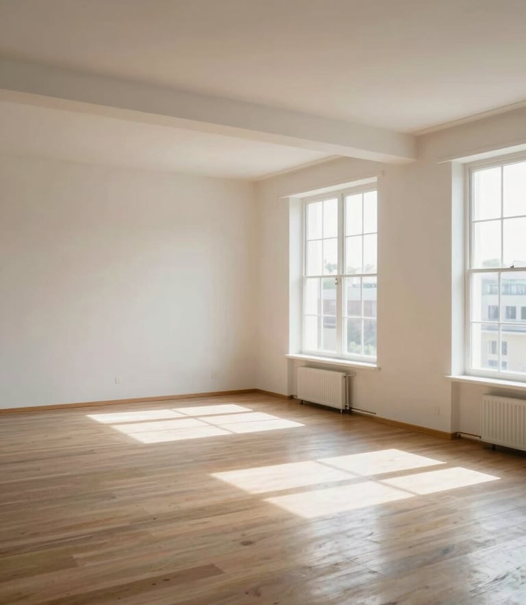A wide-angle landscape view of a fully restored, immaculately clean apartment interior, light-filled with polished floors and natural daylight streaming through large windows.