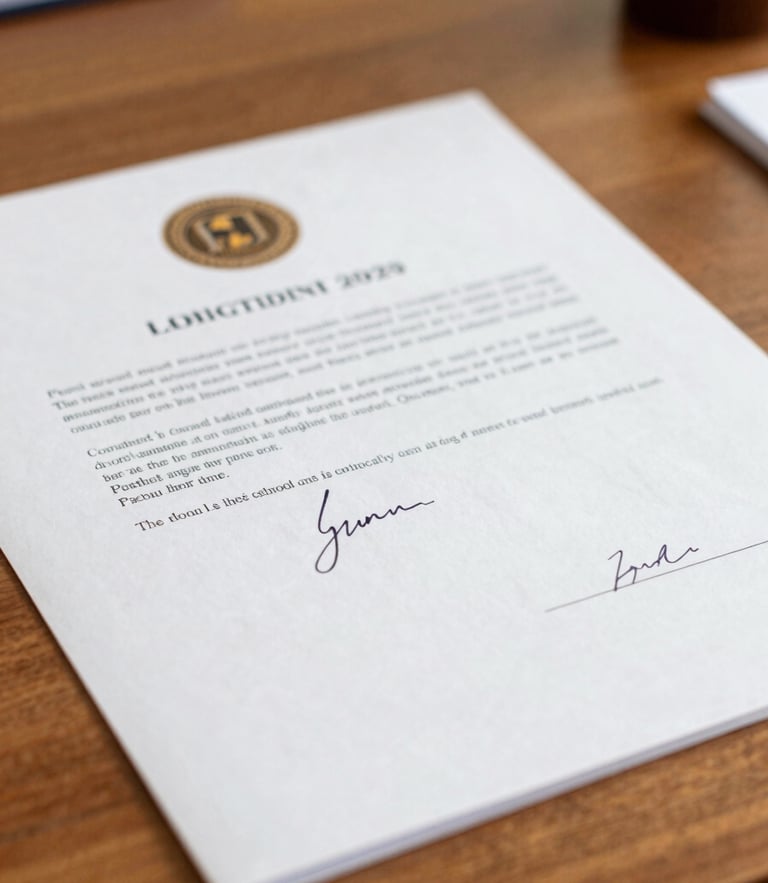 Close-up of a signed legislative document on a wooden desk, warm natural light, soft depth of field, 35mm