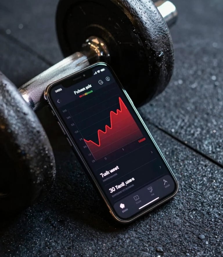 High-contrast close-up of a premium smartphone displaying a dark-mode fitness tracking app with red charts, resting next to a heavy steel dumbbell on a dark textured gym floor, dramatic side lighting with deep shadows.