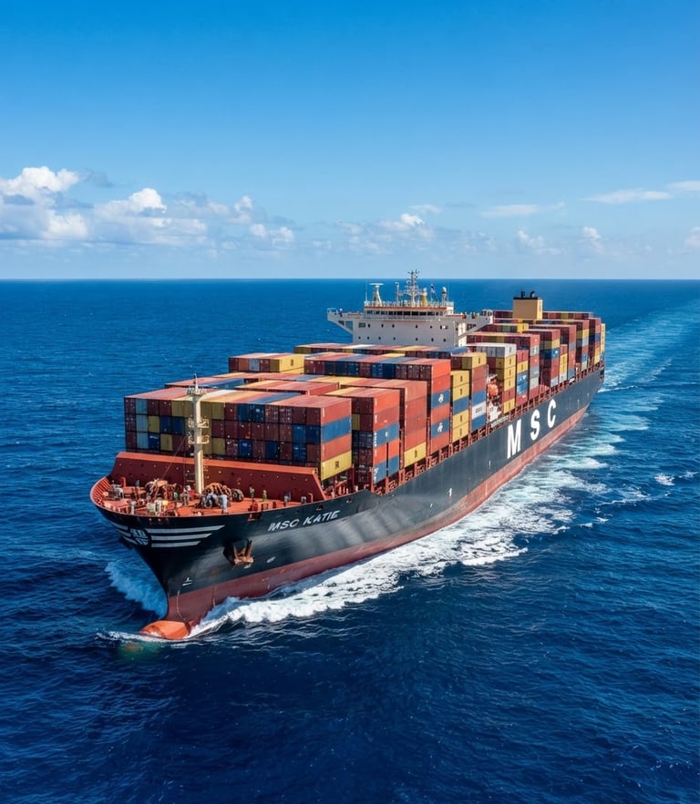 Wide-angle crisp daylight shot of a massive container ship at sea, deep blue water, clear sky, professional logistics photography style