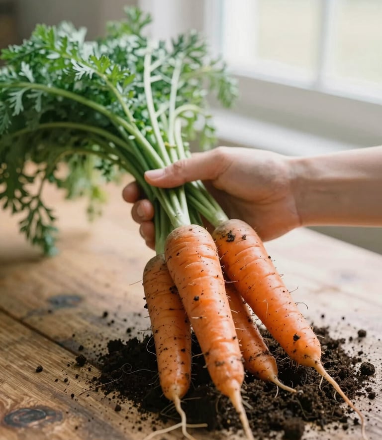 Warm editorial photography of hands holding freshly harvested organic carrots with rich soil on a rustic wooden table, soft natural window light, shallow depth of field, 35mm film aesthetic.