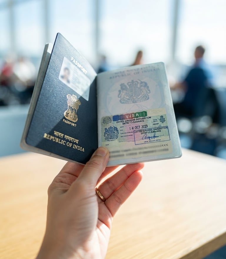 Close-up of a hand holding an Indian passport with a clean, approved visa stamp, bright natural daylight, crisp blue and white tones, shallow depth of field.