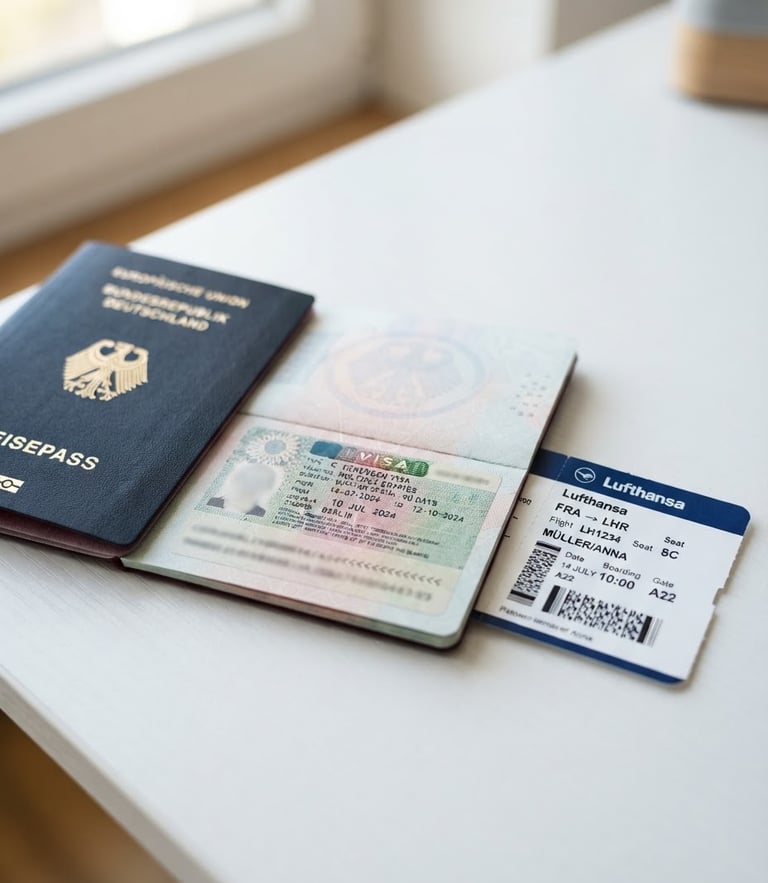 A close-up of a passport with an approved visa stamp resting on a clean white desk next to a boarding pass, bright natural daylight, crisp blue and white tones, shallow depth of field, professional editorial photography