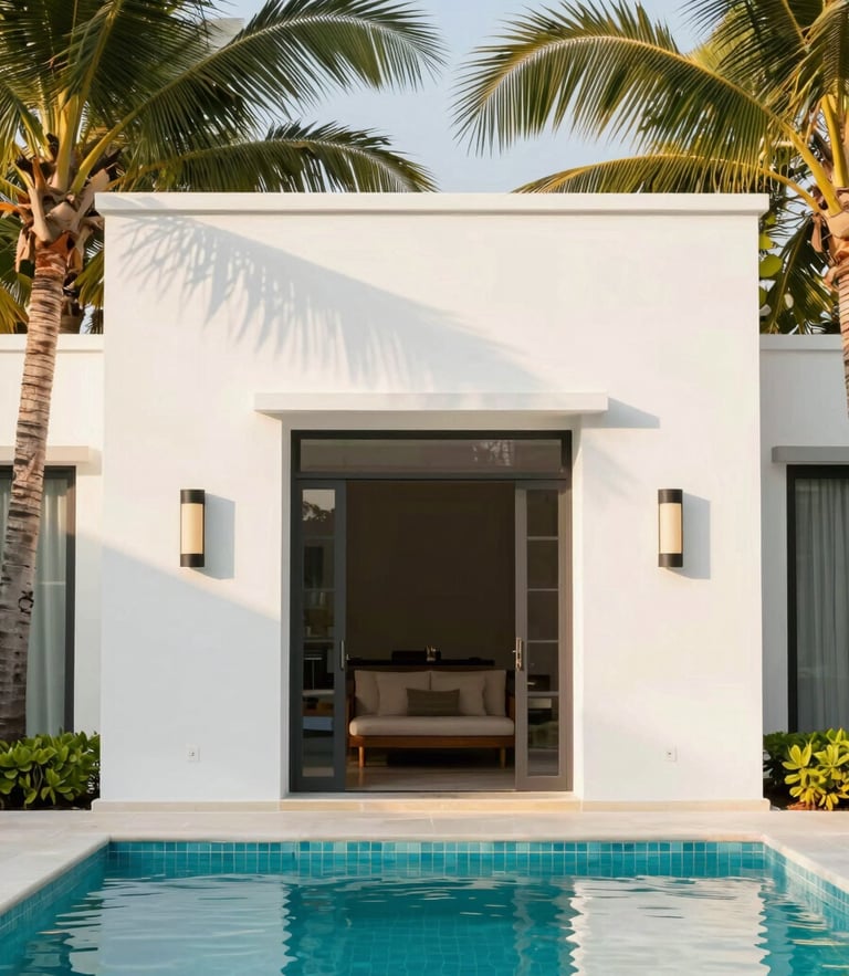 Bright architectural photography of the entrance of Jasmine Pool Villa, warm golden-hour tropical light, pristine white walls and lush palm shadows, medium format